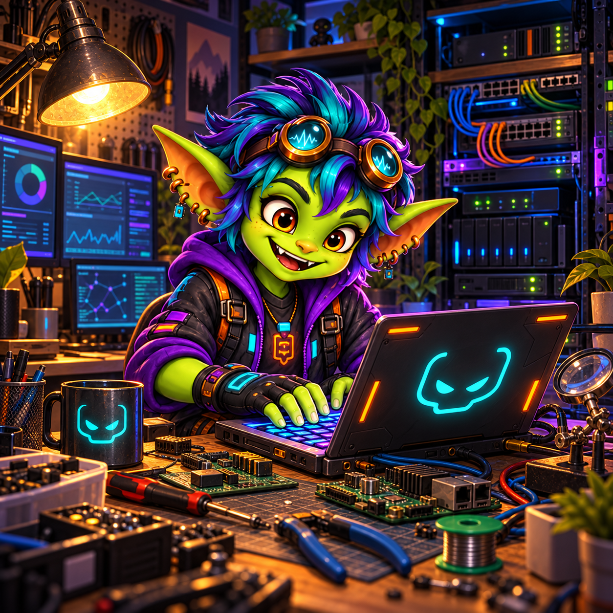Glitch working on a laptop in his server-filled electronics workshop