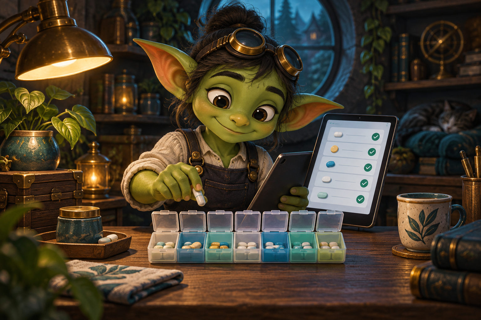 A friendly workshop goblin organizing a pill case beside a medication checklist